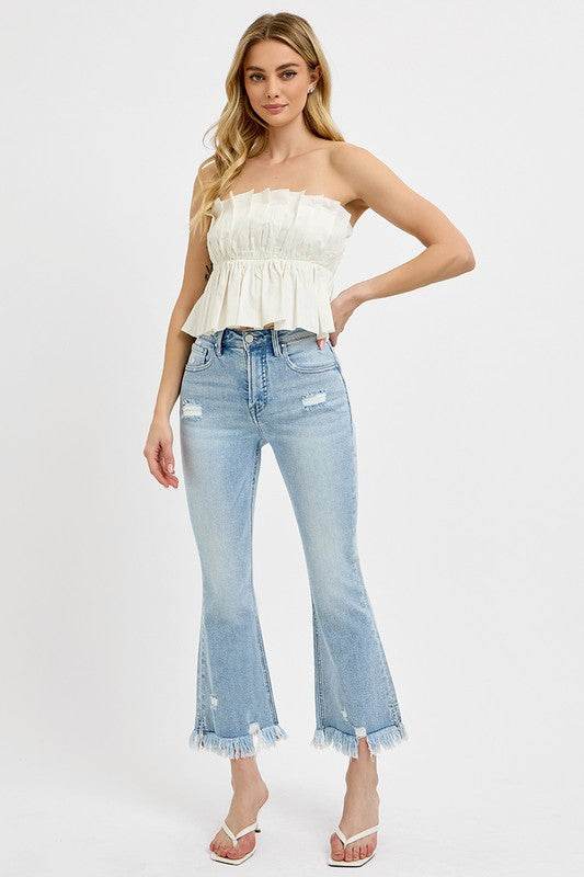 RISEN Full Size Raw Hem Distressed Cropped Flare Jeans Plus Size - Shop Style & More | Fresh Looks, Everyday Deals & Free Shipping