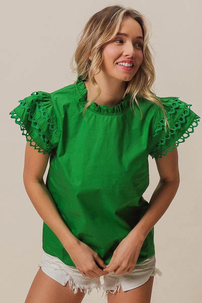 BiBi Solid Woven Circle Trim Ruffle Top - Shop Style & More | Fresh Looks, Everyday Deals & Free Shipping