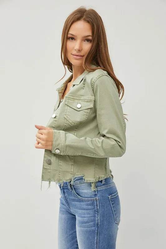 RISEN Full Size Raw Hem Button Up Cropped Denim Jacket Plus Size - Shop Style & More | Fresh Looks, Everyday Deals & Free Shipping