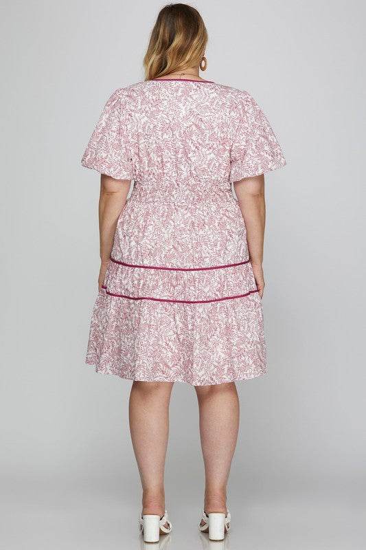 She + Sky Full Size Printed V-Neck Puff Sleeve Tiered Dress Plus Size - Shop Style & More | Fresh Looks, Everyday Deals & Free Shipping