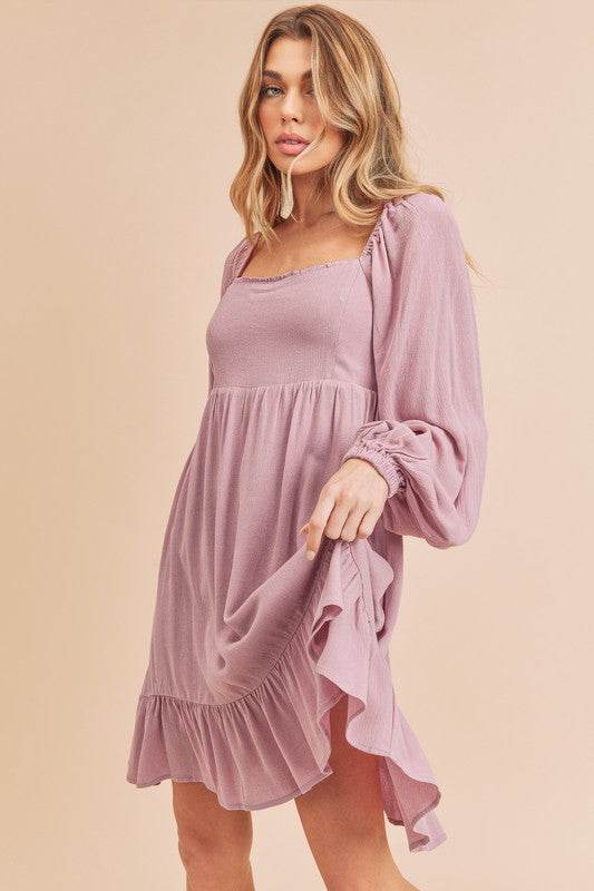 Aemi + Co Ruffled Hem Square Neck Balloon Sleeve Mini Dress - Shop Style & More | Fresh Looks, Everyday Deals & Free Shipping