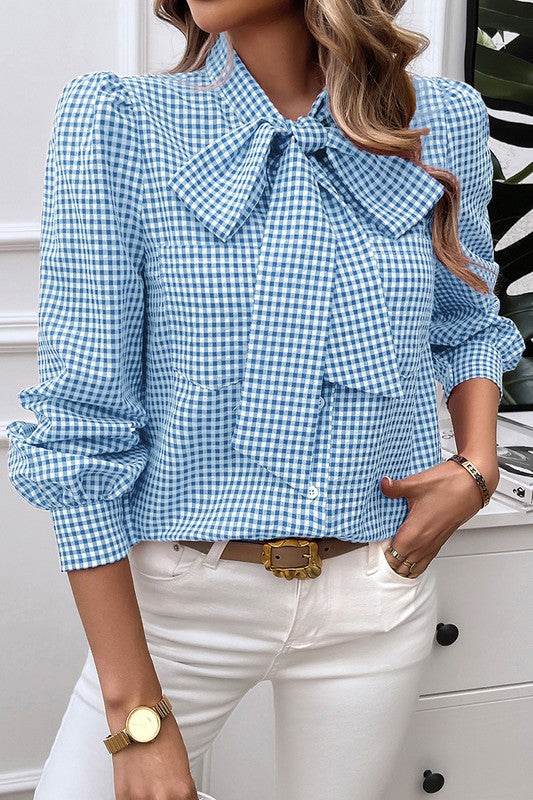 Plaid Puff Sleeves Loose Button Trim Knot Blouse - Shop Style & More | Fresh Looks, Everyday Deals & Free Shipping