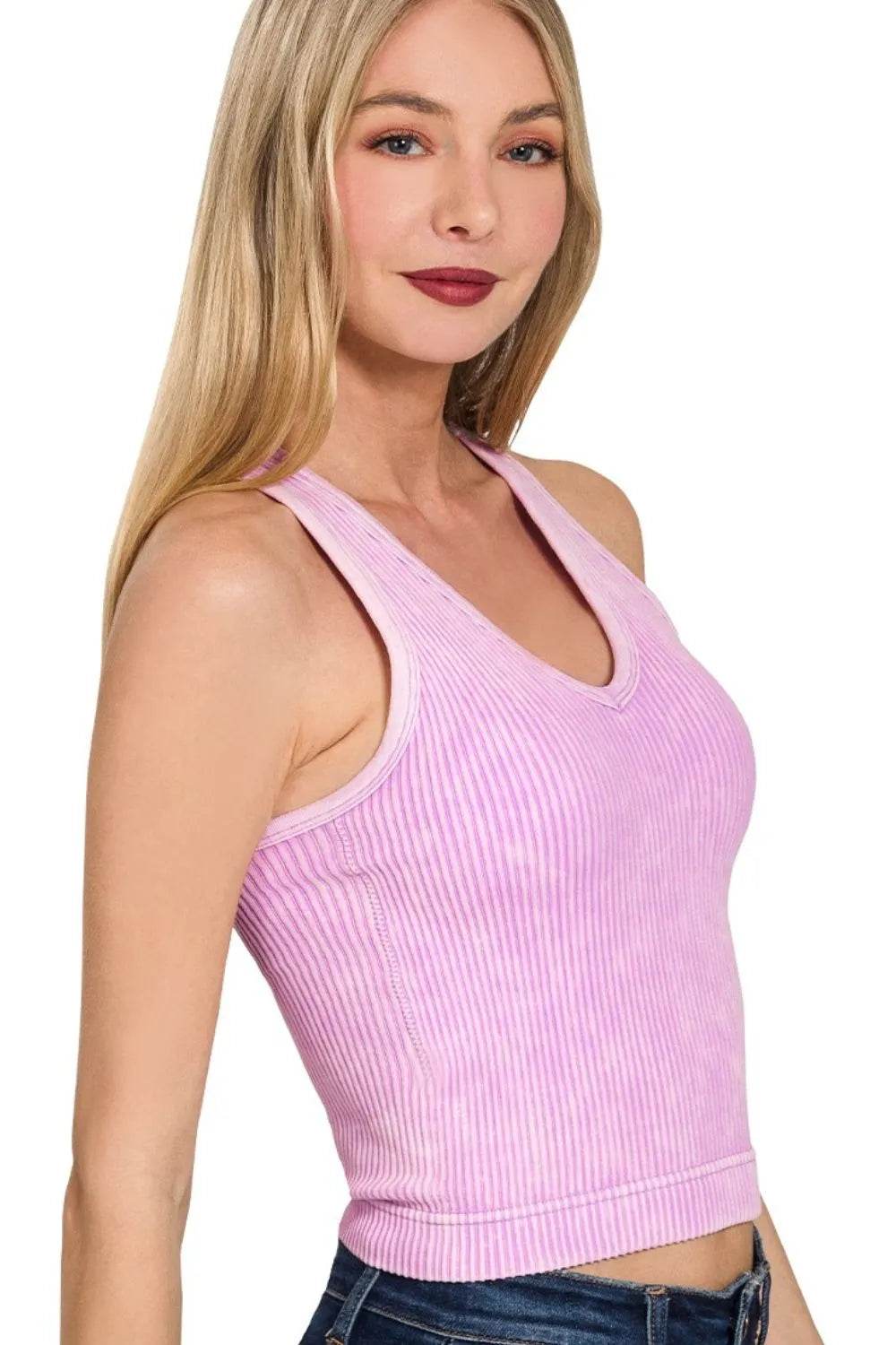 Zenana Washed Ribbed Seamless Bra Padded V-neck Tank Top - Shop Style & More | Fresh Looks, Everyday Deals & Free Shipping