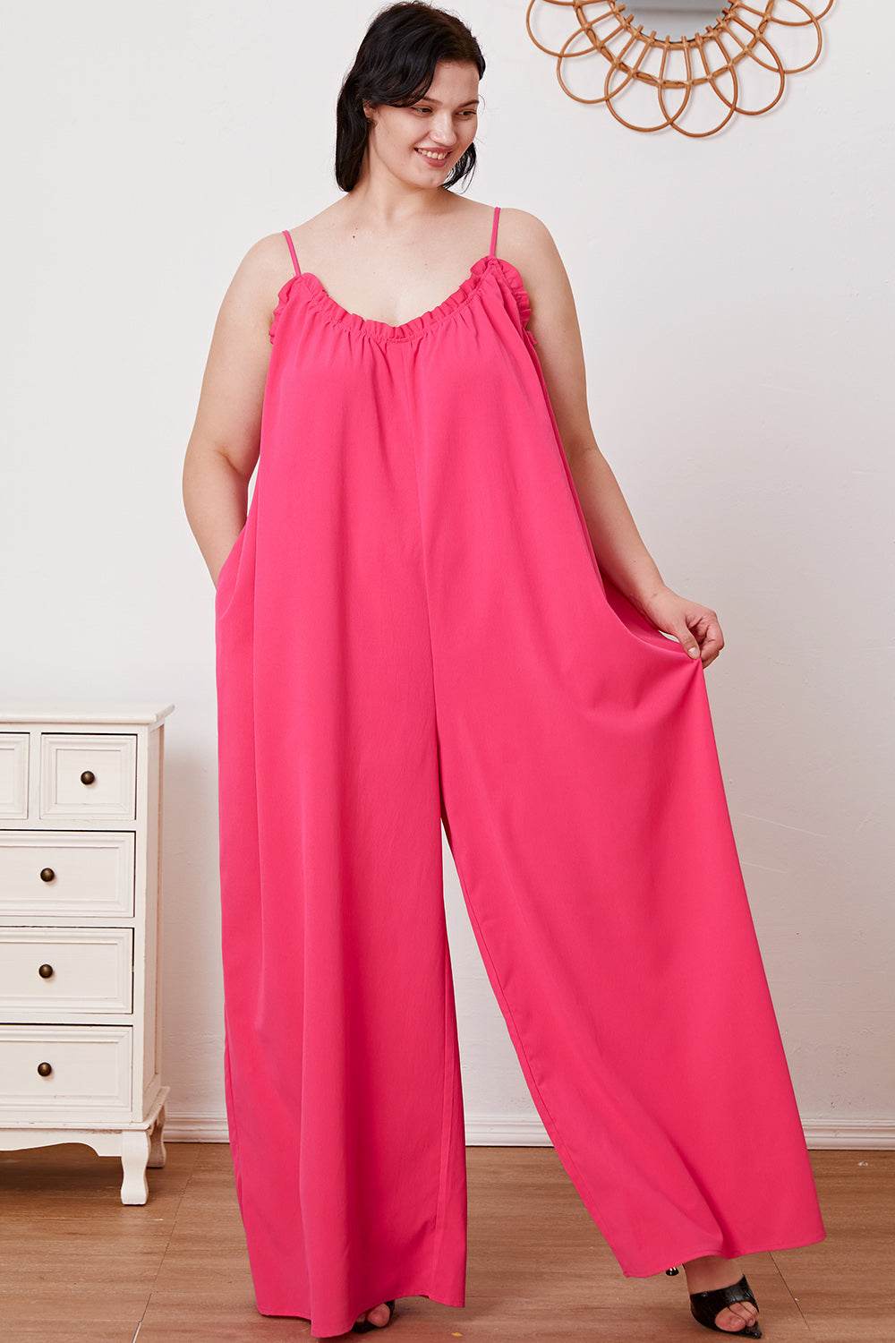 Double Take Full Size Ruffle Trim Tie Back Cami Jumpsuit with Pockets - Shop Style & More | Fresh Looks, Everyday Deals & Free Shipping