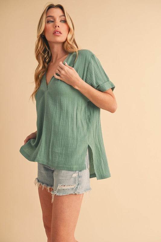 Aemi + Co Side Slit V-Neck Short Sleeve Blouse - Shop Style & More | Fresh Looks, Everyday Deals & Free Shipping