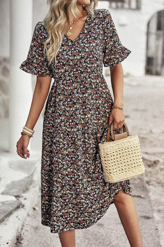 Boho Floral Ruffle Hem V Neck Short Sleeve Dress - Shop Style & More | Fresh Looks, Everyday Deals & Free Shipping
