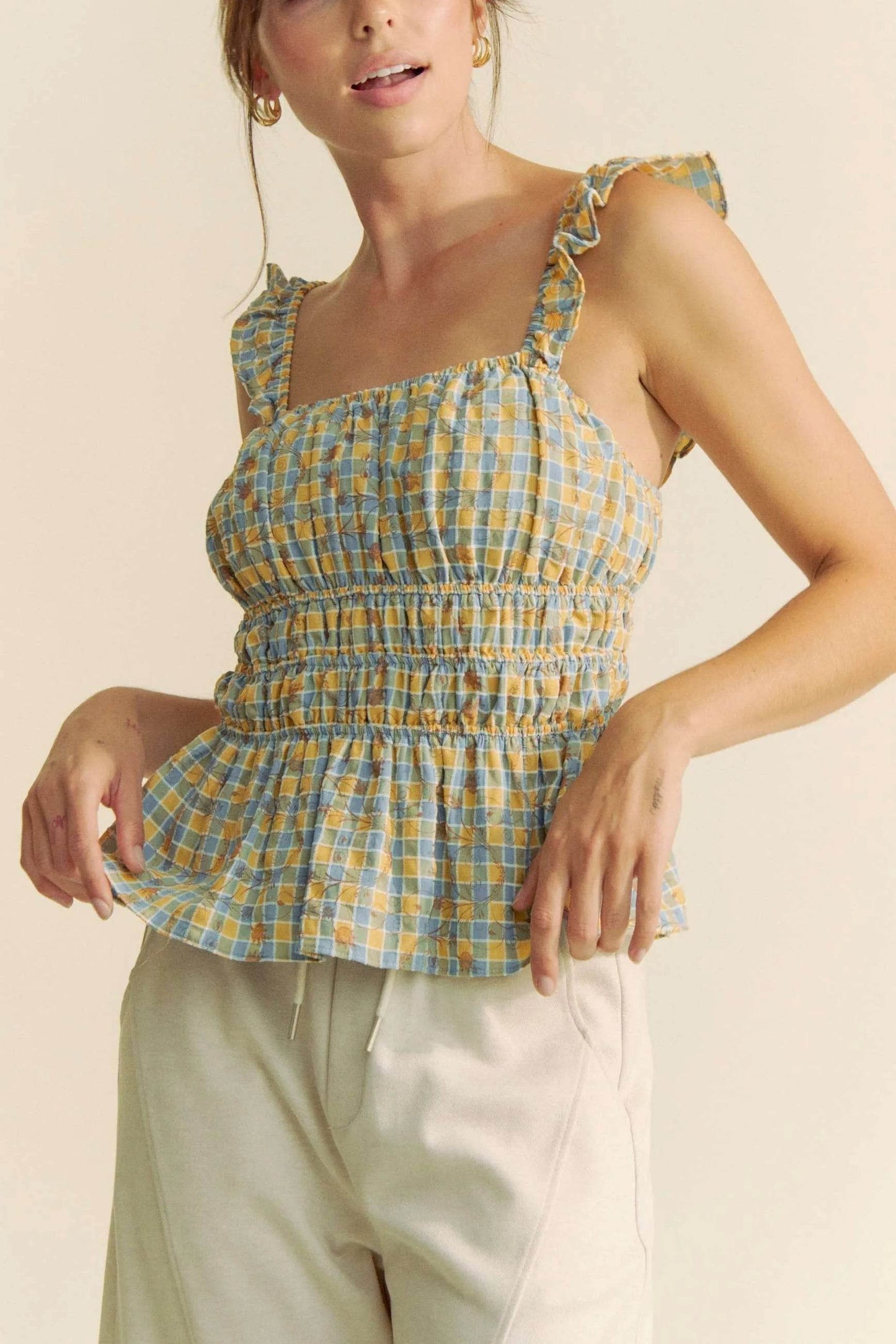 Davi & Dani Plaid Ruffled Strap Smocked Sleeveless Top - Shop Style & More | Fresh Looks, Everyday Deals & Free Shipping
