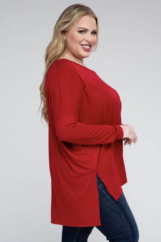 Plus Dolman Sleeve V-Neck Side Slit Hi-Low Hem Top - Shop Style & More | Fresh Looks, Everyday Deals & Free Shipping