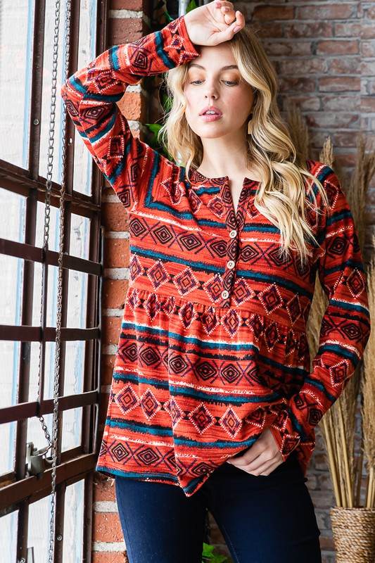 Heimish Full Size Geometric Button Detail Long Sleeve Babydoll Top - Shop Style & More | Fresh Looks, Everyday Deals & Free Shipping