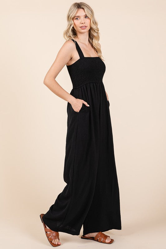 Mittoshop Smocked Wide Strap Wide Leg Overalls Jumpsuits