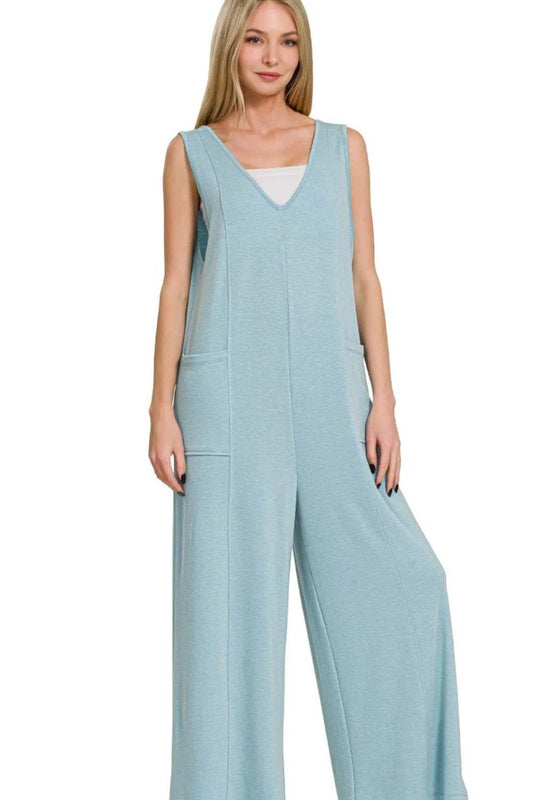 Zenana French Terry Deep V Neck Jumpsuits - Shop Style & More | Fresh Looks, Everyday Deals & Free Shipping