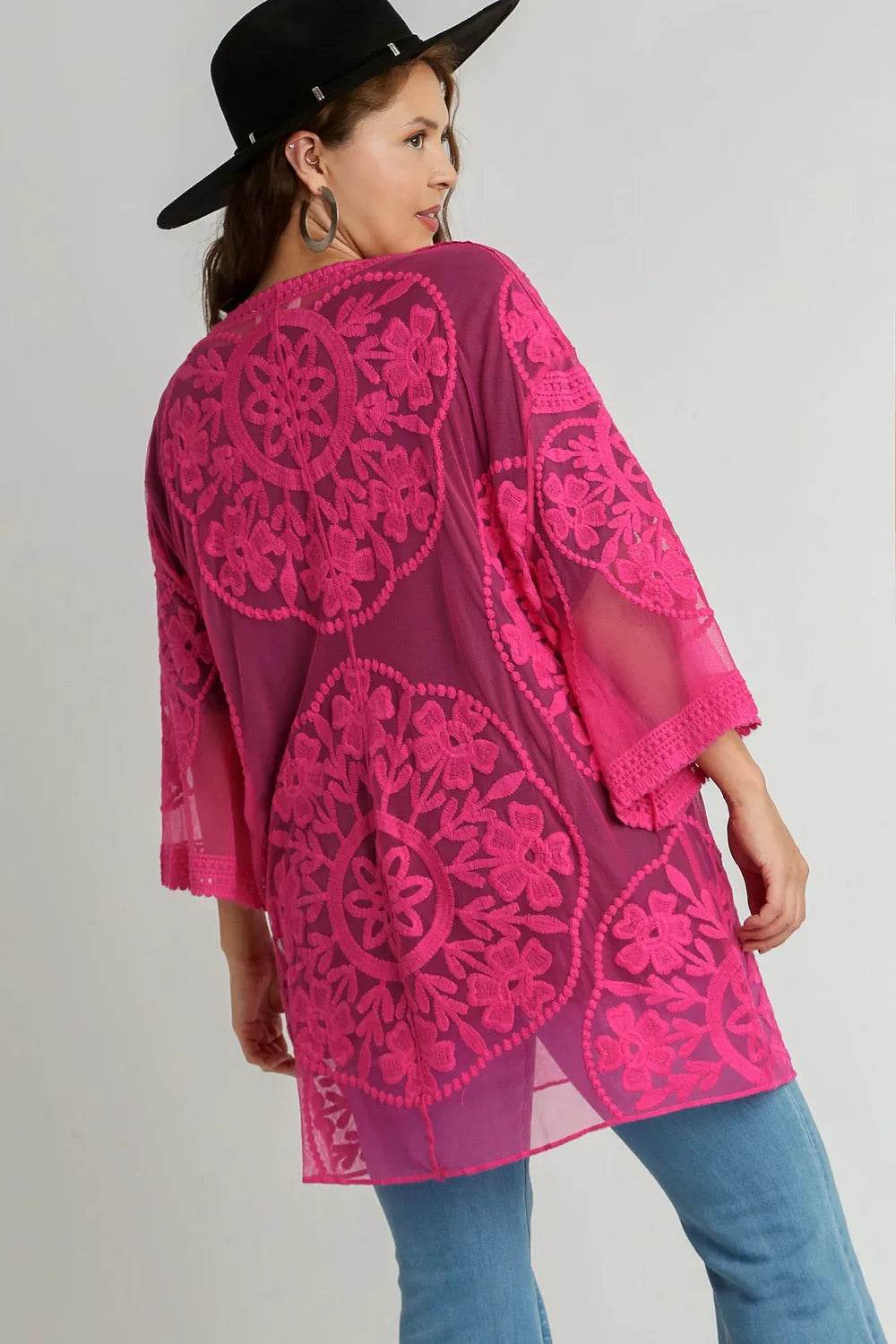 Umgee Full Size Floral Lace Open Front Kimono Sleevee Cover Up with Waist Tie Plus Size - Shop Style & More | Fresh Looks, Everyday Deals & Free Shipping