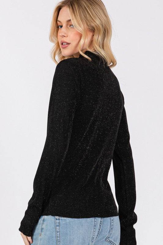 SAGE + FIG Glitter Mock Neck Lettuce Hem Long Sleeve Top - Shop Style & More | Fresh Looks, Everyday Deals & Free Shipping