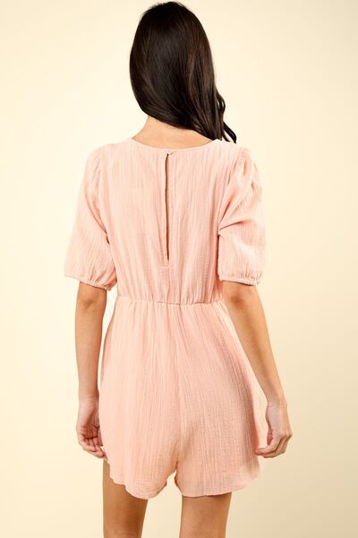 VERY J Lace Detail Puff Sleeve Romper with Pockets Jumpsuits