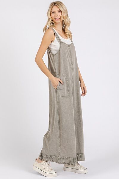 Mittoshop Ruffled Hem Wide Leg Overalls with Pockets Jumpsuits