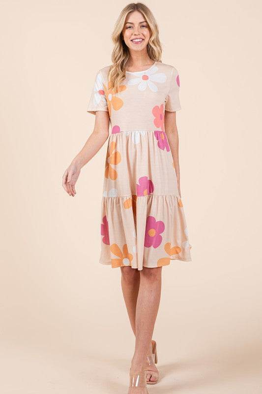BOMBOM Floral Round Neck Short Sleeve Tiered Dress - Shop Style & More | Fresh Looks, Everyday Deals & Free Shipping