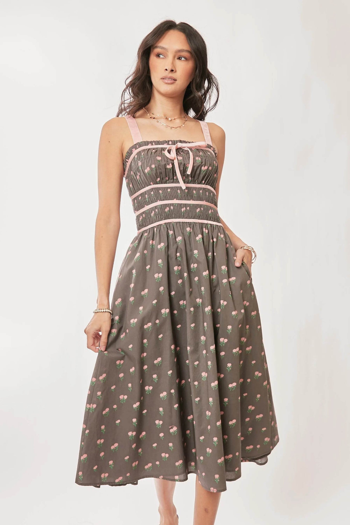 Davi & Dani Contrast Velvet Tape Smocking Bodice Midi Dress - Shop Style & More | Fresh Looks, Everyday Deals & Free Shipping