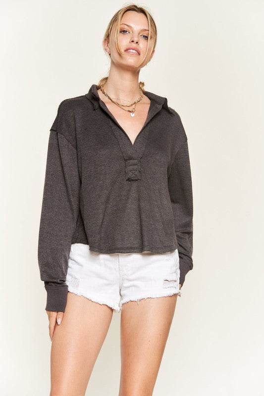 Deep V-neck Collared Long sleeve Knit Top JJT1024 - Shop Style & More | Fresh Looks, Everyday Deals & Free Shipping