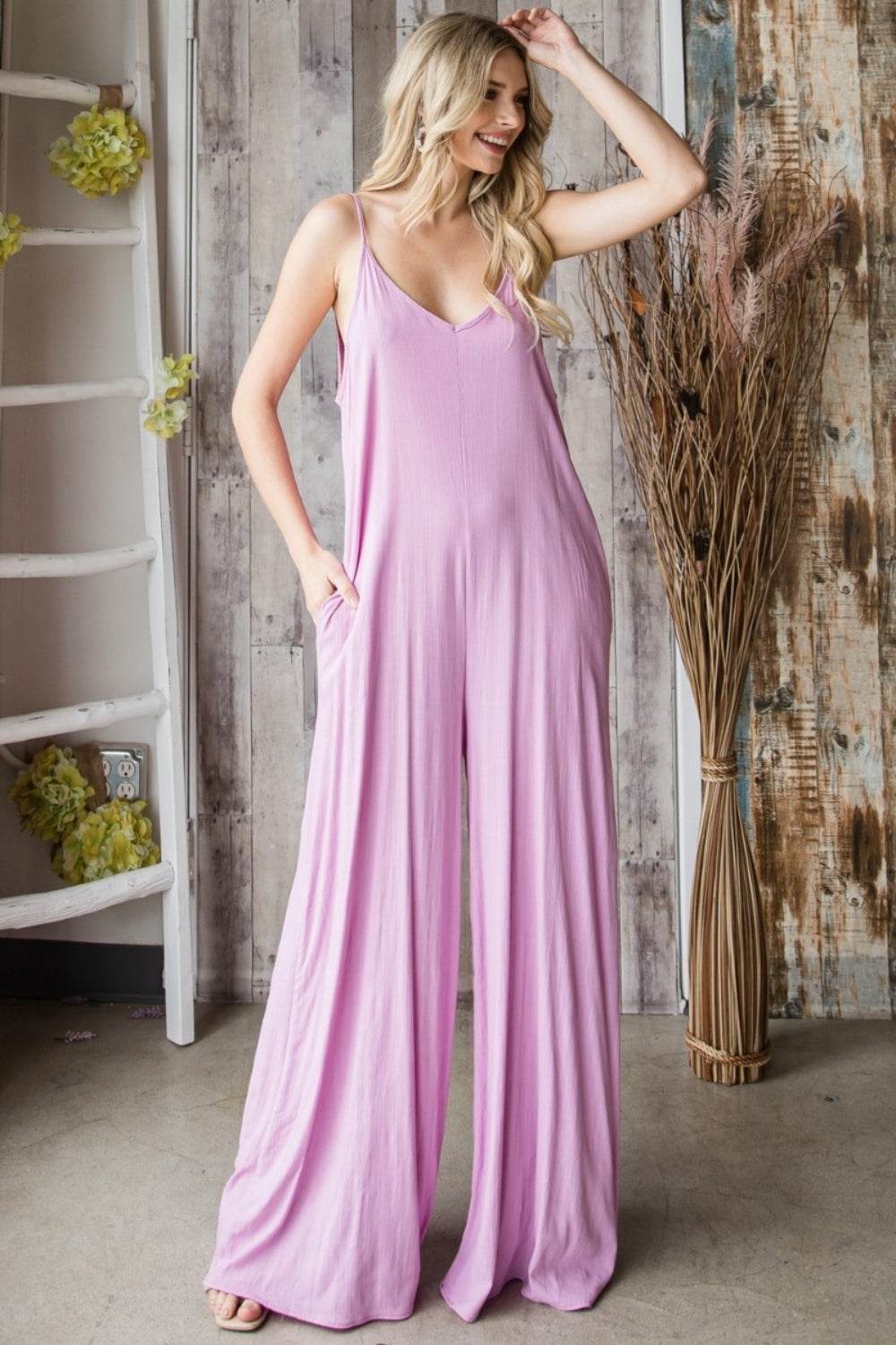 Veveret Pocketed Spaghetti Strap V-Neck Wide Leg Jumpsuit - Shop Style & More | Fresh Looks, Everyday Deals & Free Shipping