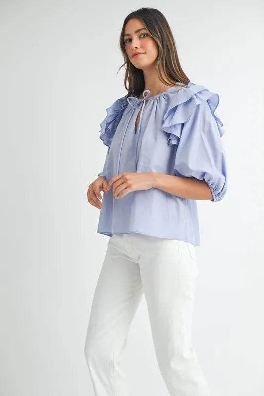 MABLE Stripe Ruffle Shoulder Puff Sleeve Blouse - Shop Style & More | Fresh Looks, Everyday Deals & Free Shipping