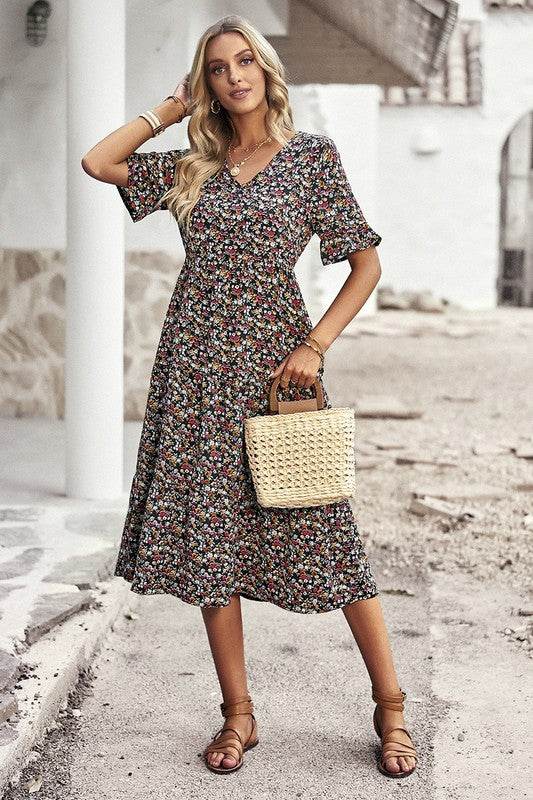Boho Floral Ruffle Hem V Neck Short Sleeve Dress - Shop Style & More | Fresh Looks, Everyday Deals & Free Shipping