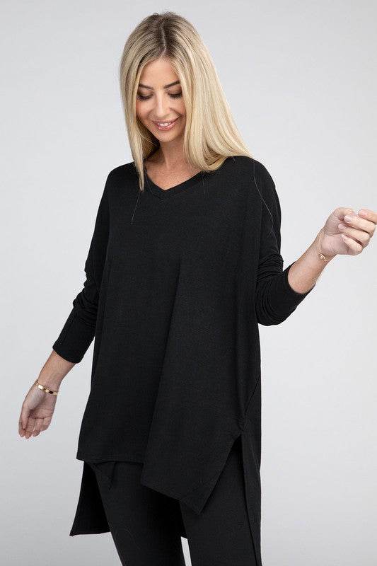 Dolman Long Sleeve V-Neck Side Slit Hi-Low Hem Top - Shop Style & More | Fresh Looks, Everyday Deals & Free Shipping