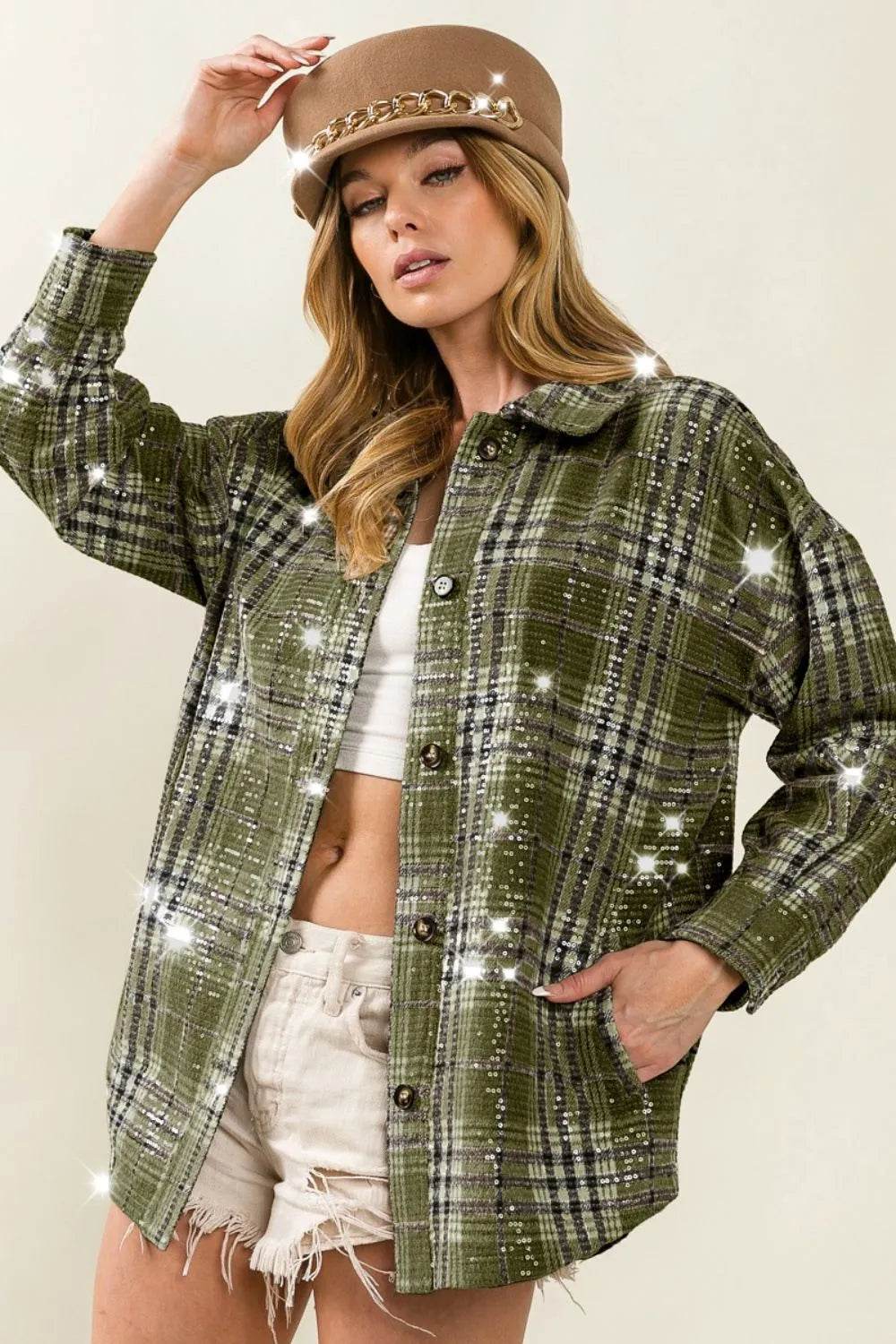 BiBi Allover Clear Sequins Vintage Plaid Jacket - Shop Style & More | Fresh Looks, Everyday Deals & Free Shipping