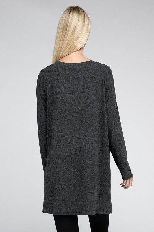Dolman Long Sleeve V-Neck Side Slit Hi-Low Hem Top - Shop Style & More | Fresh Looks, Everyday Deals & Free Shipping