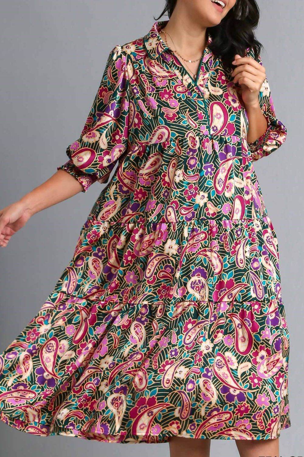 Umgee Full Size Paisley Print Satin Tiered Midi Dress Plus Size - Shop Style & More | Fresh Looks, Everyday Deals & Free Shipping