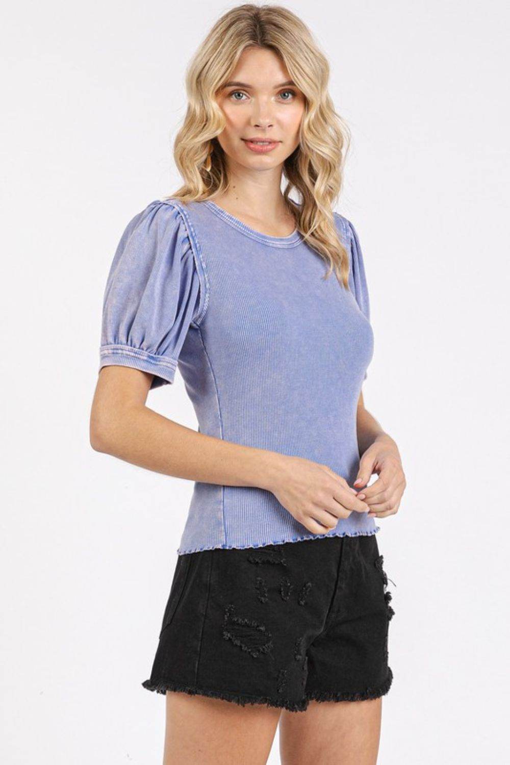 Mittoshop Mineral Wash Puff Sleeve Rib Knit Top - Shop Style & More | Fresh Looks, Everyday Deals & Free Shipping