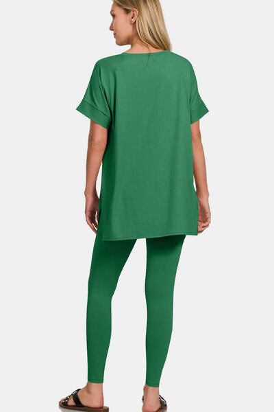 Zenana Full Size V-Neck Rolled Short Sleeve T-Shirt and Leggings Lounge Set Lounge Set