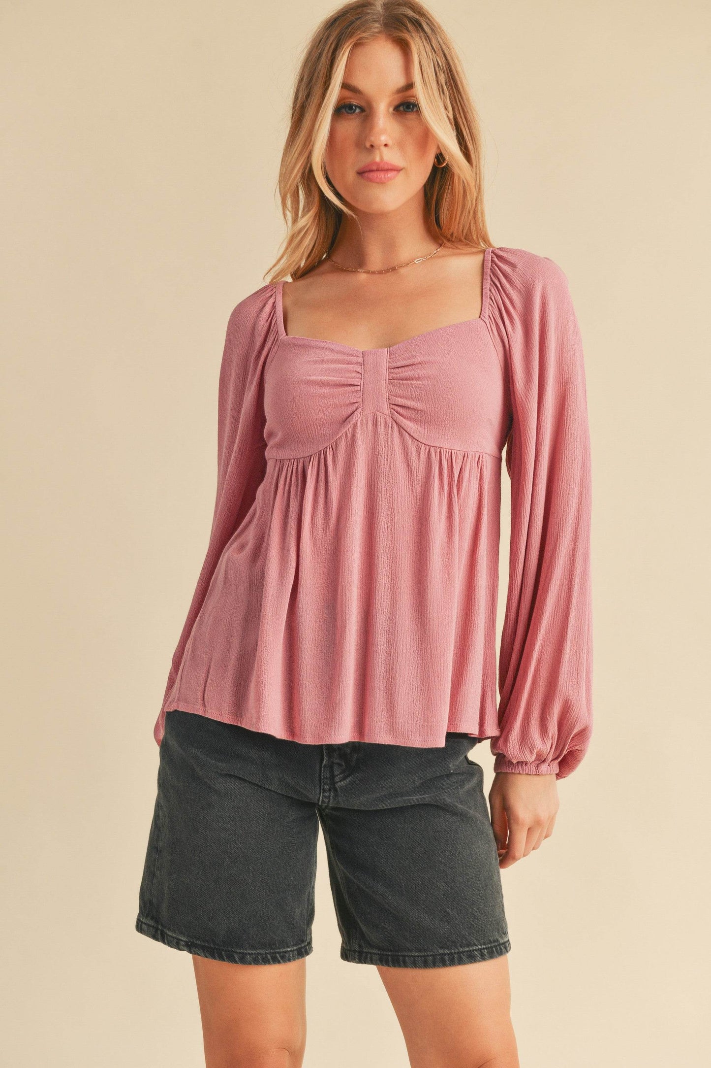 Aemi + Co Ruched Sweetheart Neck Balloon Sleeve Blouse - Shop Style & More | Fresh Looks, Everyday Deals & Free Shipping