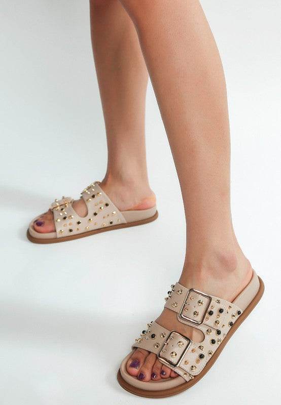 Jayata Metallic Stud Embellished Sliders - Shop Style & More | Fresh Looks, Everyday Deals & Free Shipping
