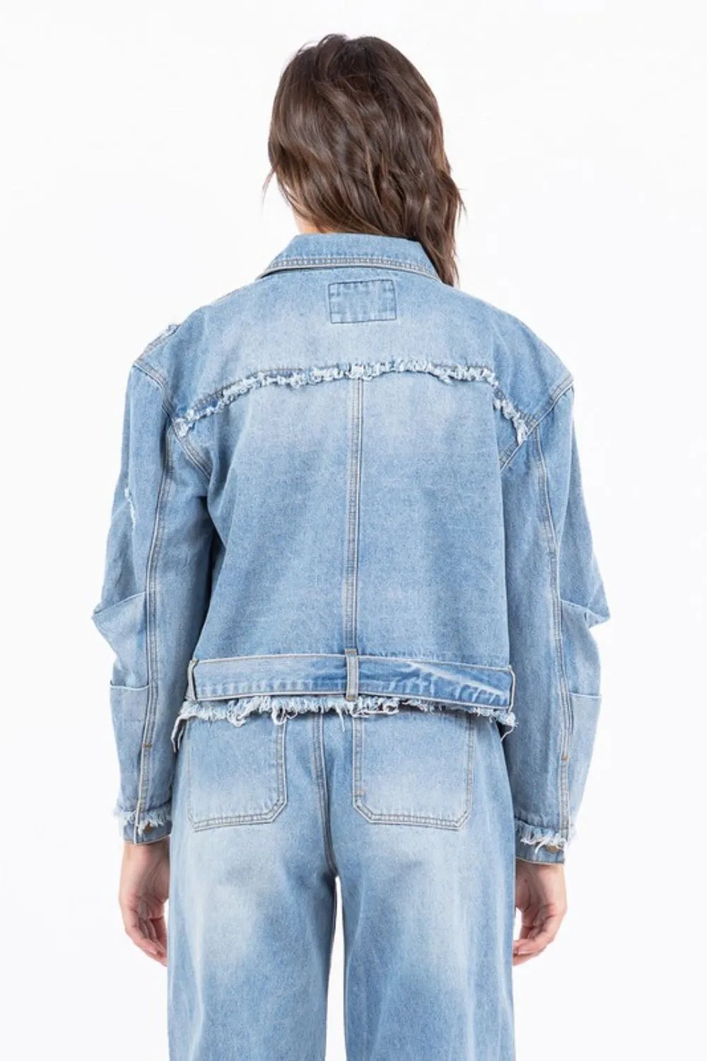 American Bazi Full Size Distressed Frayed Edge Zip Up Denim Jacket Plus Size Women's Outerwear