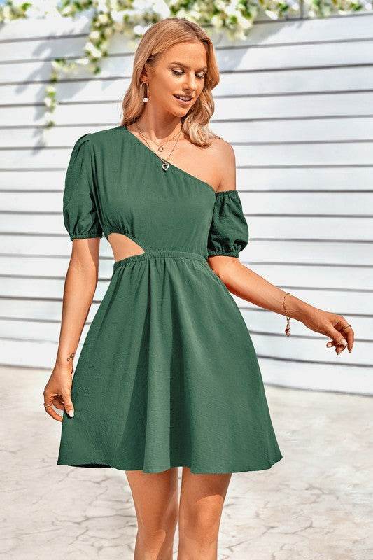 One Shoulder Puff Sleeve Fit Flare Short Dress - Shop Style & More | Fresh Looks, Everyday Deals & Free Shipping