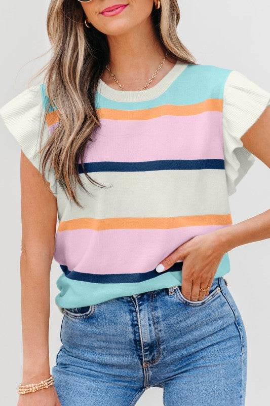 Yasmin Striped Flutter Sleeve Patchwork Top - Shop Style & More | Fresh Looks, Everyday Deals & Free Shipping
