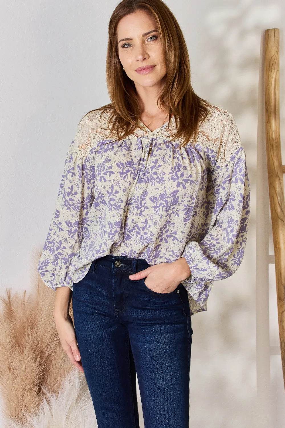 Hailey & Co Full Size Lace Detail Printed Blouse - Shop Style & More | Fresh Looks, Everyday Deals & Free Shipping