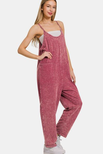 Zenana Washed Spaghetti Straps Overalls with Pockets Jumpsuits