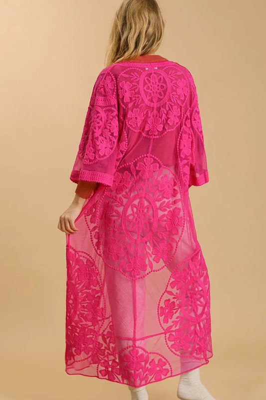 Umgee Full Size Floral Lace Open Front Long Kimono with Waist Tie Plus Size - Shop Style & More | Fresh Looks, Everyday Deals & Free Shipping