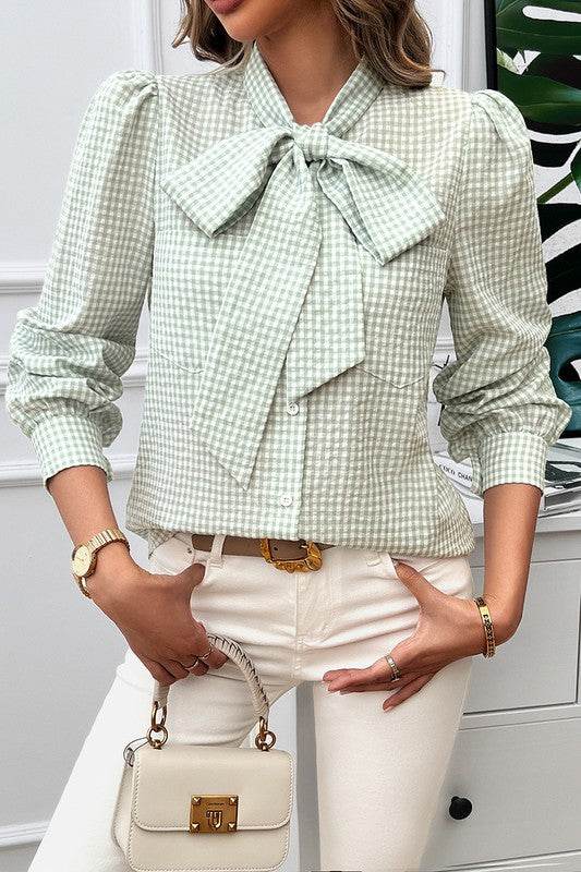 Plaid Puff Sleeves Loose Button Trim Knot Blouse - Shop Style & More | Fresh Looks, Everyday Deals & Free Shipping