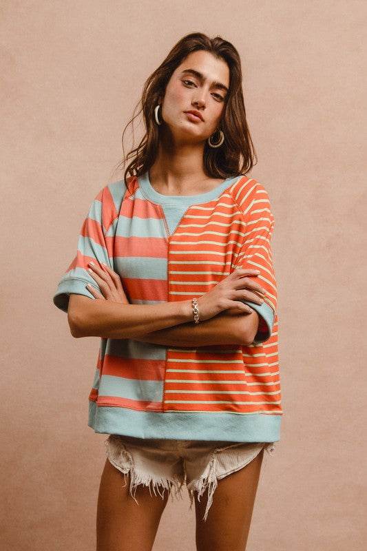BiBi Striped Round Neck Half Sleeve French Terry Top - Shop Style & More | Fresh Looks, Everyday Deals & Free Shipping