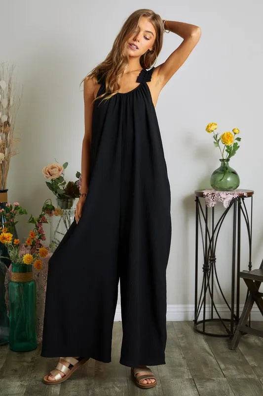 ADORA Full Size Elastic Ruffle Shoulder Jumpsuit Plus Size - Shop Style & More | Fresh Looks, Everyday Deals & Free Shipping