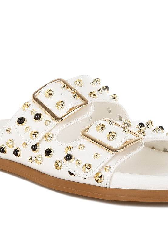 Jayata Metallic Stud Embellished Sliders - Shop Style & More | Fresh Looks, Everyday Deals & Free Shipping
