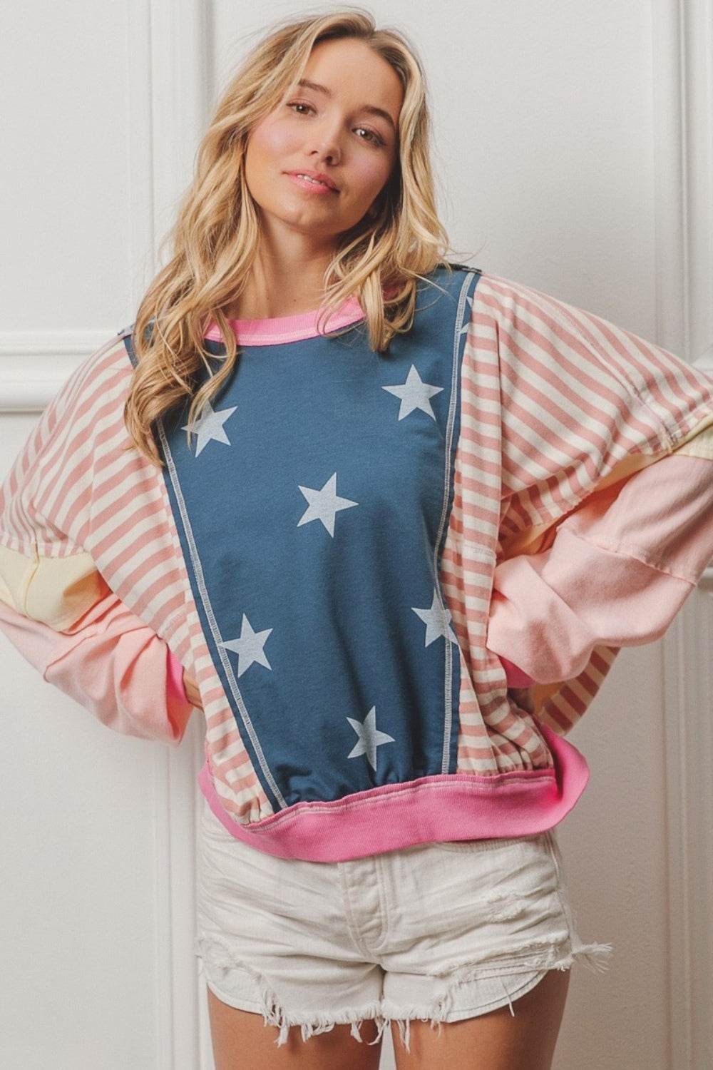 BiBi Stars and Stripes Round Neck Long Sleeve Top - Shop Style & More | Fresh Looks, Everyday Deals & Free Shipping