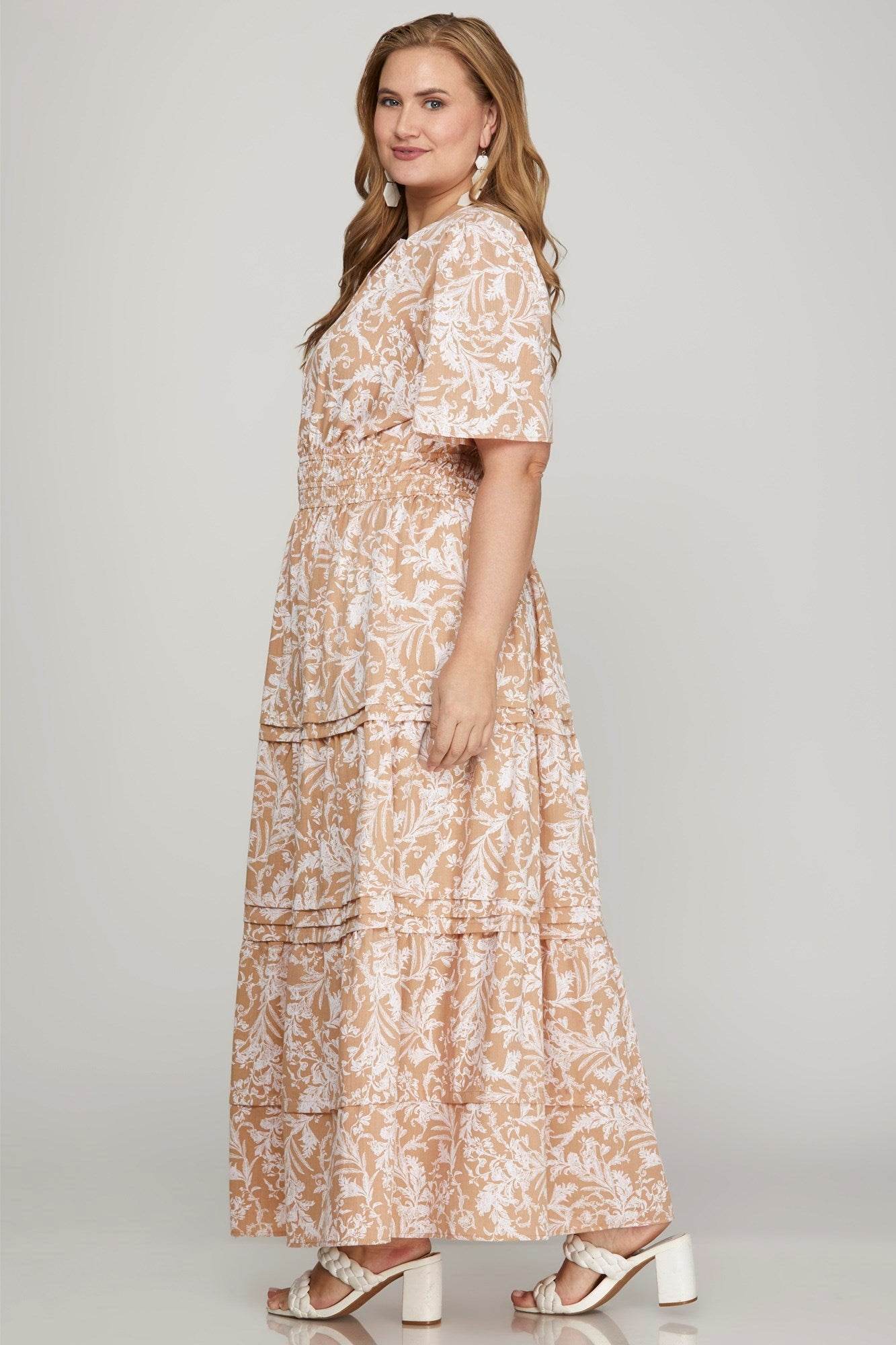She + Sky Printed Notched Woven Tiered Pintuck Maxi Dress with Side Pockets - Shop Style & More | Fresh Looks, Everyday Deals & Free Shipping
