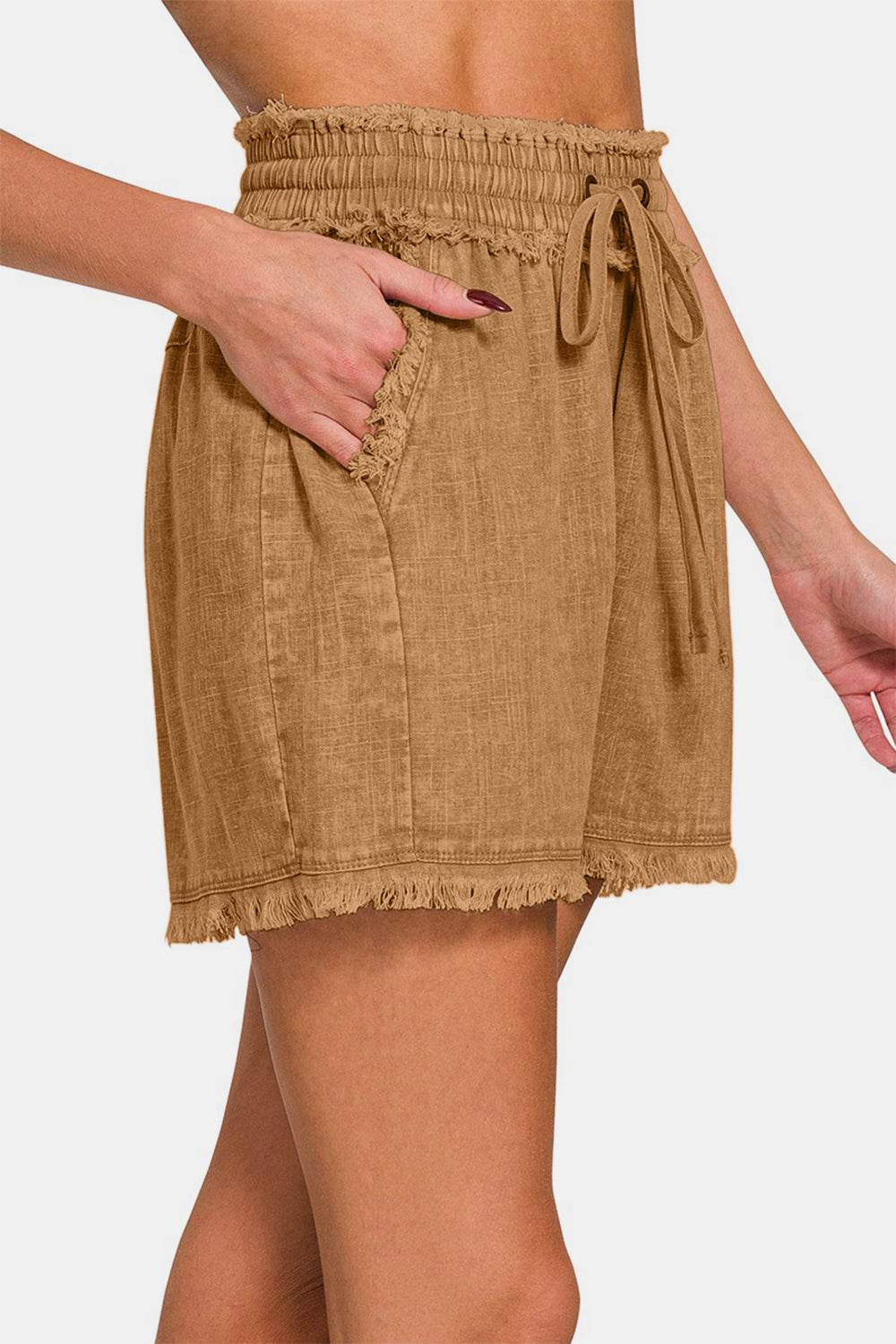 Zenana Washed Linen Frayed Hem Drawstring Shorts - Shop Style & More | Fresh Looks, Everyday Deals & Free Shipping
