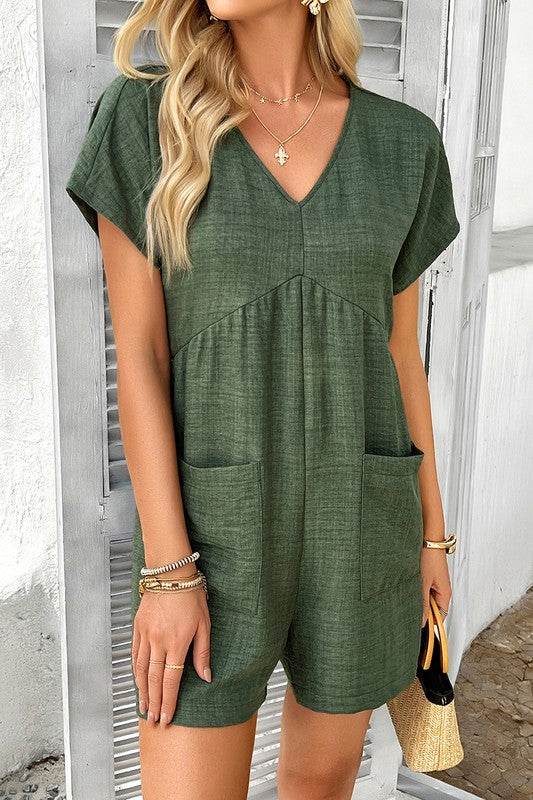 Solid Deep V Neck Drop Shoulder Loose Pockets Romp - Shop Style & More | Fresh Looks, Everyday Deals & Free Shipping