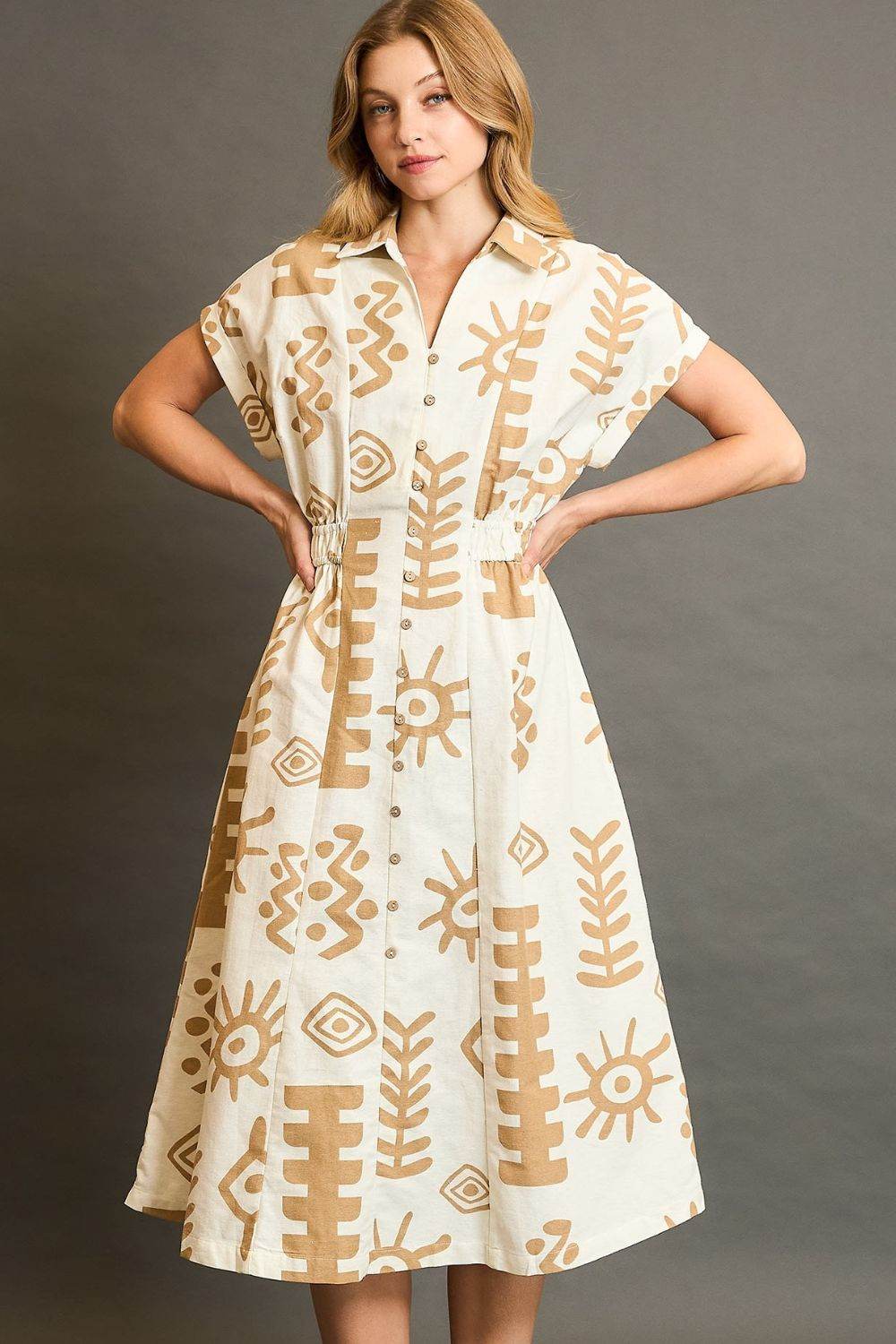 Umgee Full Size Abstract Print Elastic Waist Midi Dress Plus Size - Shop Style & More | Fresh Looks, Everyday Deals & Free Shipping