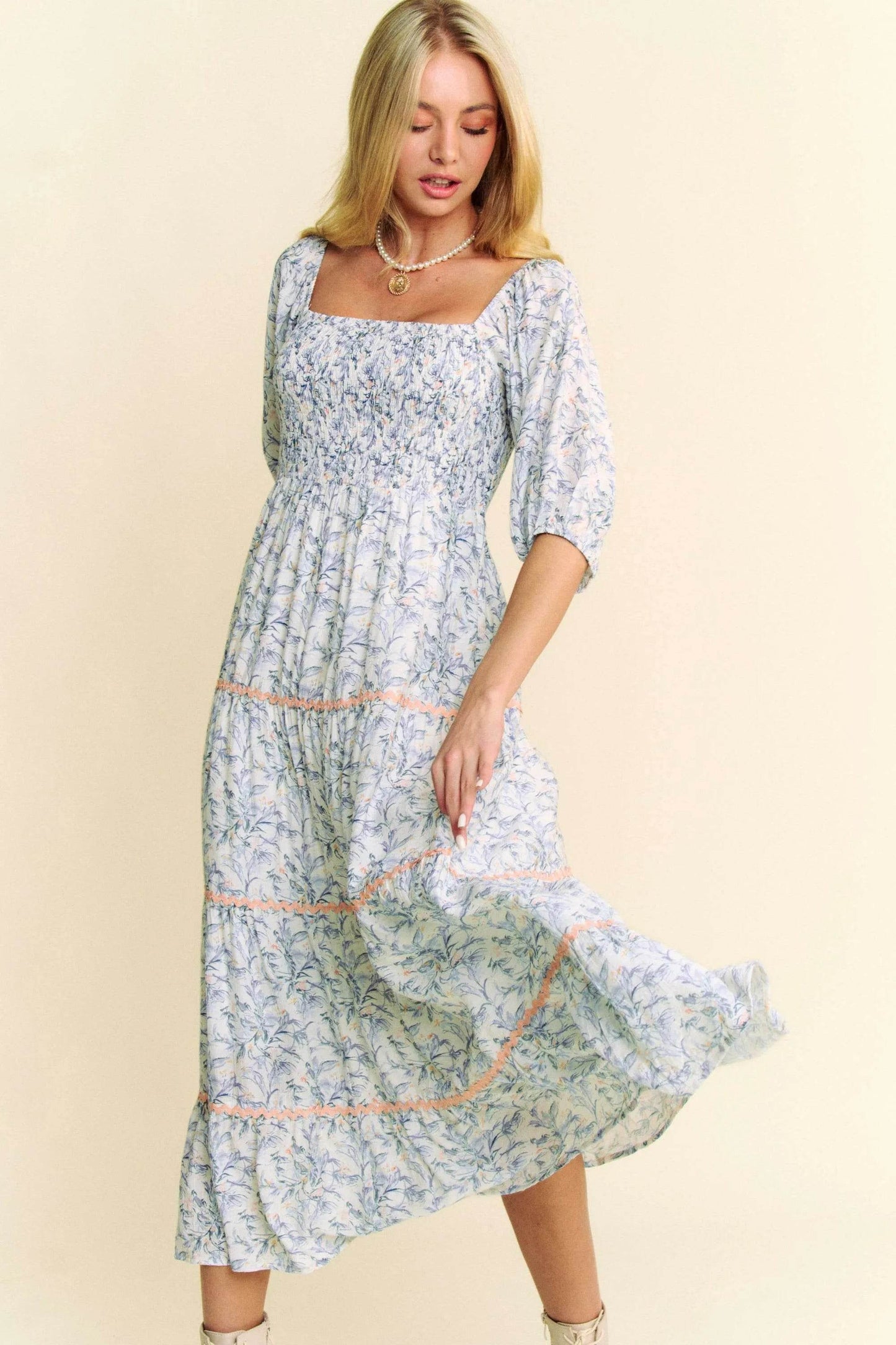 Davi & Dani Contrast Ric Smocking Bodice Tiered Midi Dress - Shop Style & More | Fresh Looks, Everyday Deals & Free Shipping