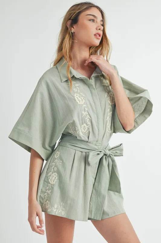 MABLE Embroidered Button Down Collared Neck Romper - Shop Style & More | Fresh Looks, Everyday Deals & Free Shipping